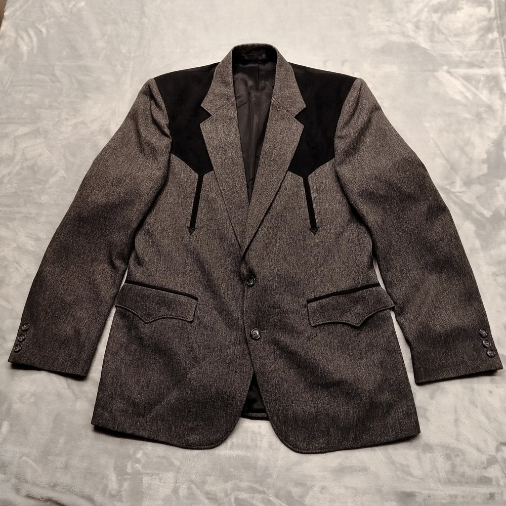 VTG Circle S Jacket Mens 40R Gray Blazer Suede Yoke Button Down Made In USA